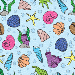 Vector illustration. Colorful hand drawn cartooned seashell pattern with wave texture on light blue background. Seamless repeat pattern.