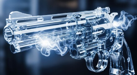 Transparent gun with glowing internal mechanisms and blue light effects