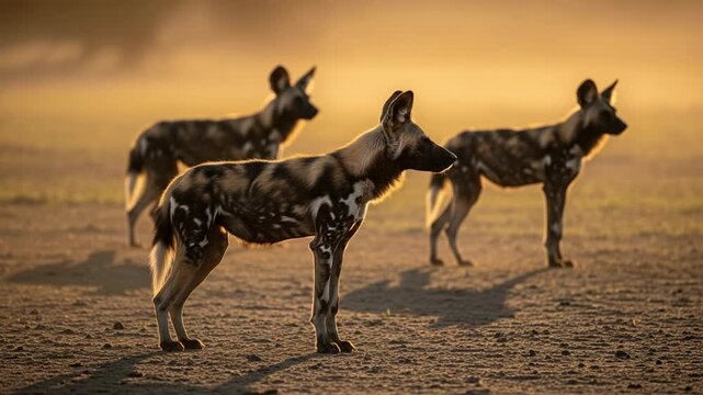 A pack of African wild dogs standing alert on a dusty savanna during a golden sunset. Wildlife photography of painted dogs in their natural habitat.