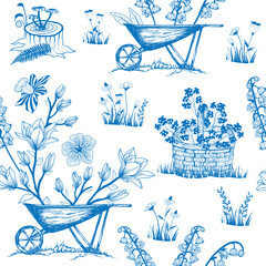 Raster illustration. Blue French country toile de jouy seamless repeat pattern. This design has hand drawn wheel barrow with flowers, basket with berries, stump with mushroom, wild flower and grass.