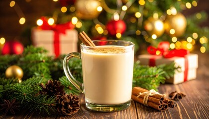 Holiday Beverage in Glass Mug Surrounded by Festive Decorations
