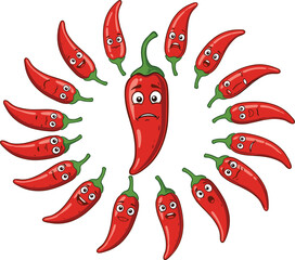 Red chili cartoon character set with facial expressions, hot pepper emoji vector illustration, funny spicy food characters, vegetable clipart for kids, cooking icon design