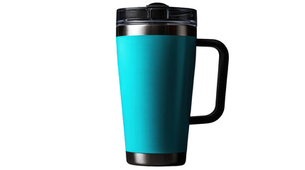 Vibrant Teal Insulated Tumbler with Black Handle and Clear Lid.