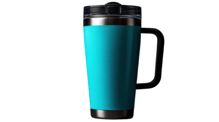 Vibrant Teal Insulated Tumbler with Black Handle and Clear Lid.