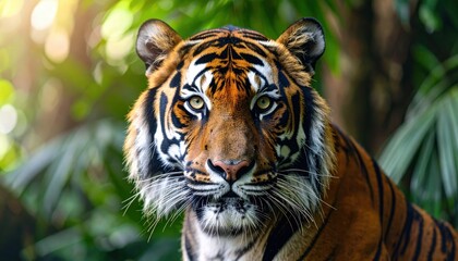 Majestic Bengal Tiger Gazing Through Lush Green Jungle Background