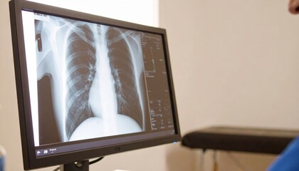 Medical professional reviewing chest X-ray on digital monitor