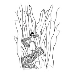 Monochrome Illustration of a Woman on a Stone Path Through a Forest of Tall Thin Trees in Minimalist Style