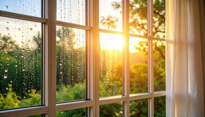 Morning Light Through a Rain-Drenched Window with Natural Landscape