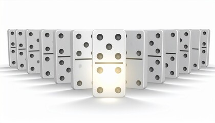 Group of white dominoes with one glowing piece standing prominently on an isolated white background, symbolizing leadership and uniqueness.