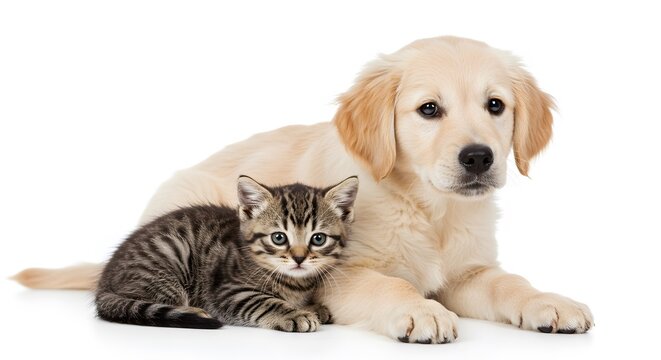 Cute golden retriever puppy and tabby kitten lying together, isolated on white background