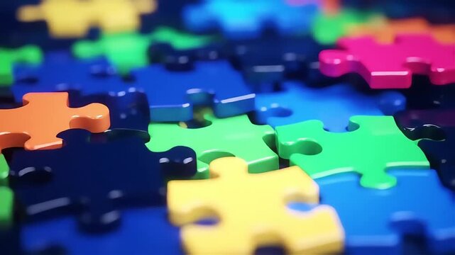 Colorful Puzzle Pieces: Abstract 3D Animation of Interlocking Shapes and Connectivity
