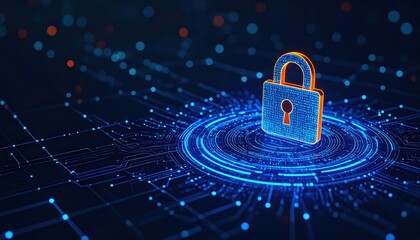 Glowing digital padlock over a circuit-like network, symbolizing cybersecurity, data protection, and secure connections in a futuristic tech interface.