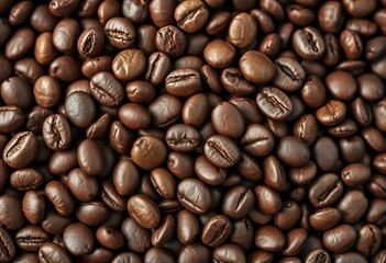 Fototapeta premium Close-up of a cluster of coffee beans, various shades of brown, texture, beverage