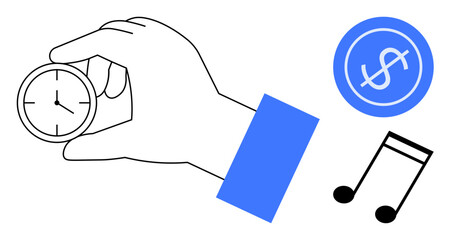 Hand gripping clock symbolizing time, alongside a dollar sign for value and a music note for creativity. Ideal for productivity, time management, finance, artistic pursuits, monetization, design