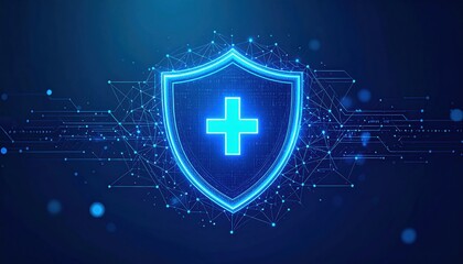 A glowing digital shield with a medical cross, surrounded by network nodes and lines, symbolizing healthcare data security and protection in a neon blue tech style.