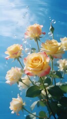 Obraz premium Yellow Roses Blooming Underwater with Air Bubbles in Blue Light