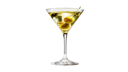 Elegant martini glass, filled with golden liquid, garnished with green olives