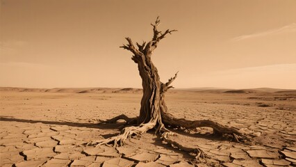A solitary dead tree stands in a cracked, arid desert landscape under a hazy sky.