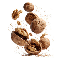 Falling walnuts in motion, isolated on transparent background