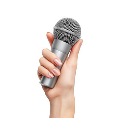 Hand holds a silver microphone