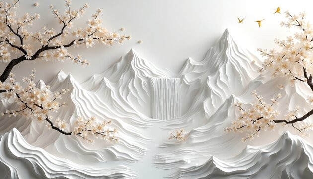 Elegant white floral mountain landscape wall decor featuring delicate blossoms, gold accents. Serene scene with mountains, valleys, flowing waterfall. Three-dimensional texture adds sophistication to - Powered by Adobe
