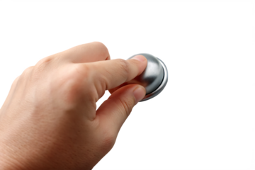 Finger pressing metallic round button isolated on a transparent background hand