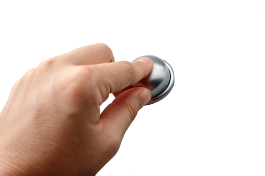 Finger pressing metallic round button isolated on a transparent background hand