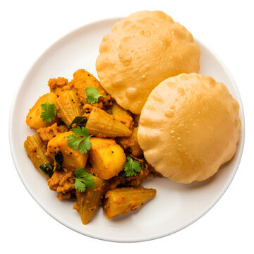 Savory Parval (pointed gourd) and Potato Sabzi with Puri (fried bread), a traditional Indian meal served on a white plate isolated on a transparent background 
