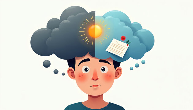 Illustration of person with split thought cloud internal conflict. One side shows sun, side paper with flower. Represents opposing ideas, decision-making, cognitive dissonance in simplified 2D style.