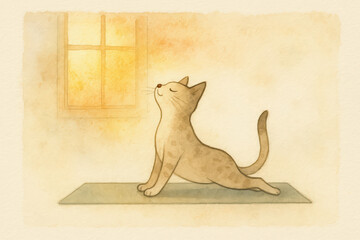 Watercolor Cat Doing Yoga – Cute Animal Mindfulness Illustration