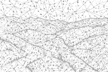 Abstract grayscale map, network of lines connecting points