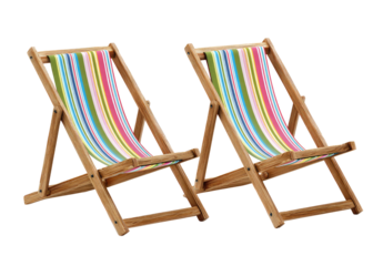 Two colorful striped beach chairs.  Wooden frames, brightly striped fabric backs and seats.  Folding design.  Pair, ideal for beach or backyard