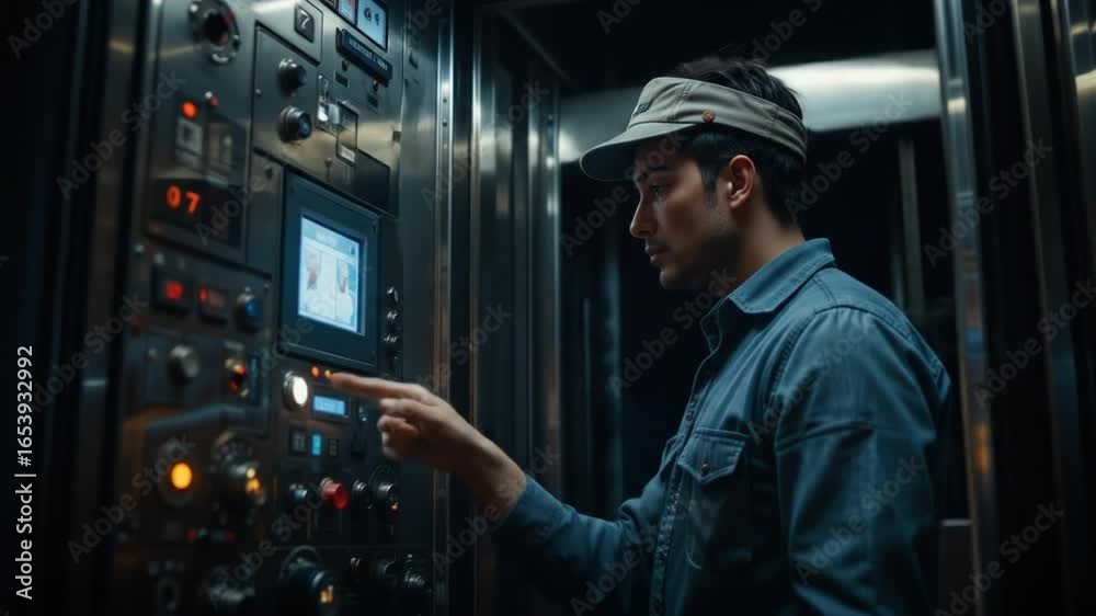 Wall mural man operating elevator panel, inside an elevator with control panel and screen displays
