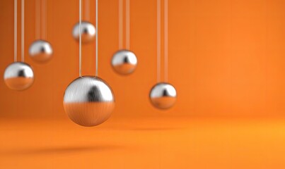 Shiny metallic spheres hanging from strings against an orange background