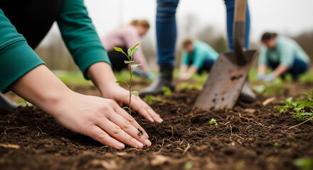 Hands Planting a Sapling in a Community Garden