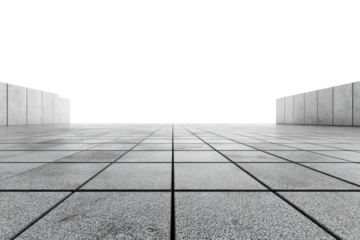 Empty, light gray tiled plaza.  Walls frame the space