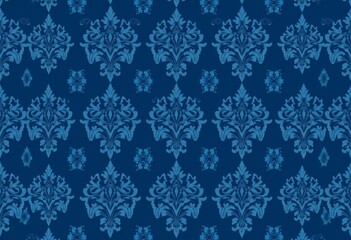 Dark blue damask vector seamless pattern, elegant wallpaper texture, texture, scroll