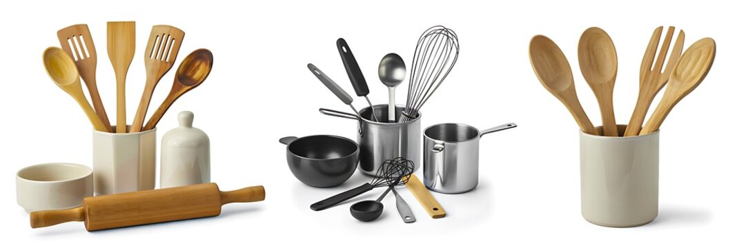 Kitchen utensils collection with spoons whisk and rolling pin isolated
