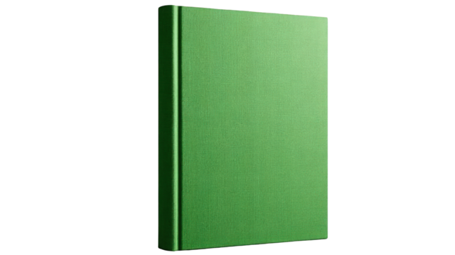 Blank green hardcover book with a textured linen fabric cover standing upright.