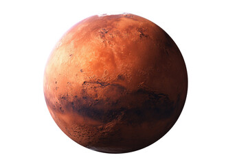 Obraz premium Detailed close-up view of Mars, a reddish-orange sphere, showing surface textures and subtle variations in color