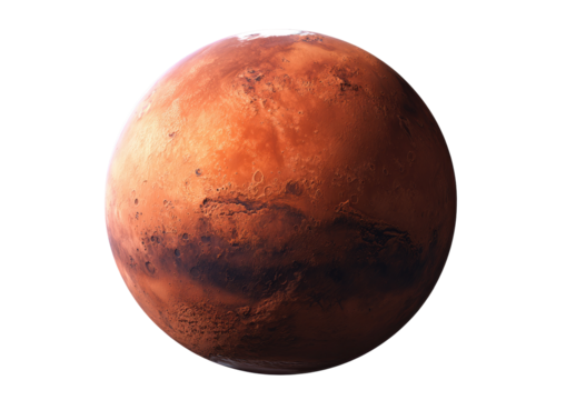 Detailed close-up view of Mars, a reddish-orange sphere, showing surface textures and subtle variations in color
