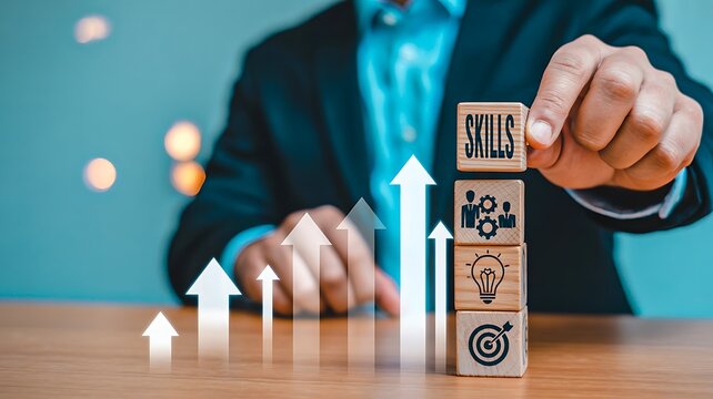 Businessman stacking wooden blocks with skills icons showing growth and success
