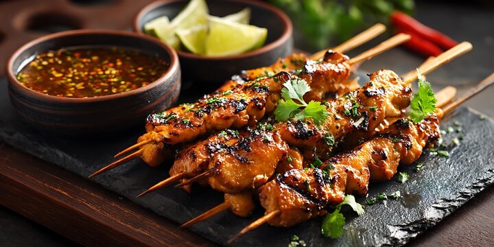 Delicious grilled chicken satay skewers with cilantro and lime bbq hot eat food meat thai dish meal.