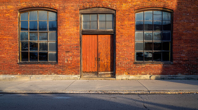Vintage red brick building facade with wooden door and large windows bathed in warm afternoon light showcasing urban architectural charm and texture - Powered by Adobe