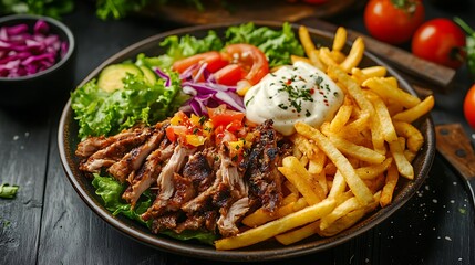 Doner kebab on a plate wit fries and salad