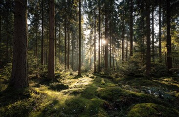 Fototapeta premium Sunlight filtering through a dense forest