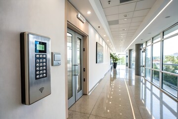 Modern office building entrance with digital access control keypad and glass doors in corporate lobby hallway