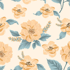 Seamless floral pattern with yellow blossoms and blue leaves on a cream background, ideal for textiles, wallpapers, and stationery designs.