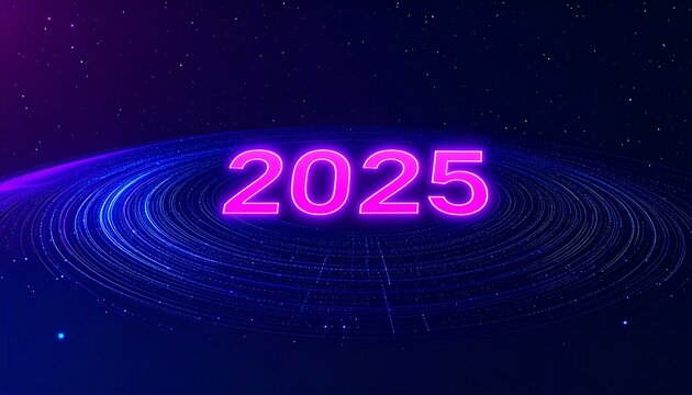 Futuristic 2025 display with glowing neon text - Powered by Adobe