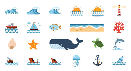 Ocean Life Icons Sea Animals, Waves, and Marine Elements